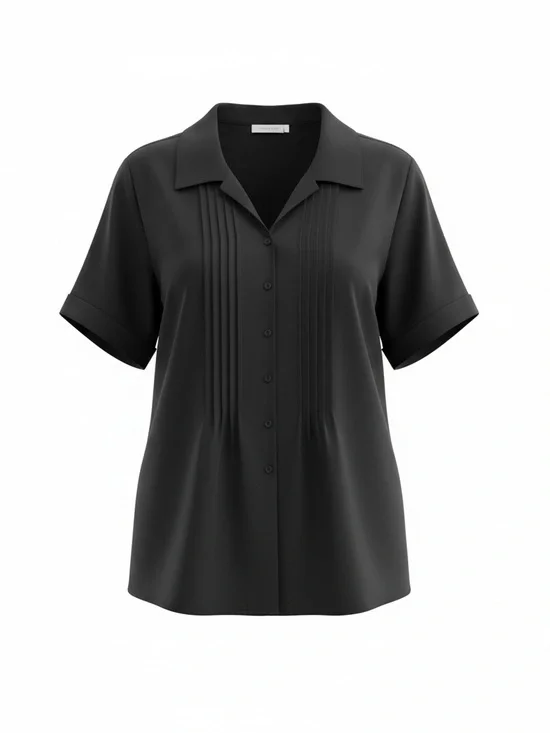 Essentials Black Pintuck Button Down Blouse 2X Plus Size Short Sleeve - Picture 1 of 5